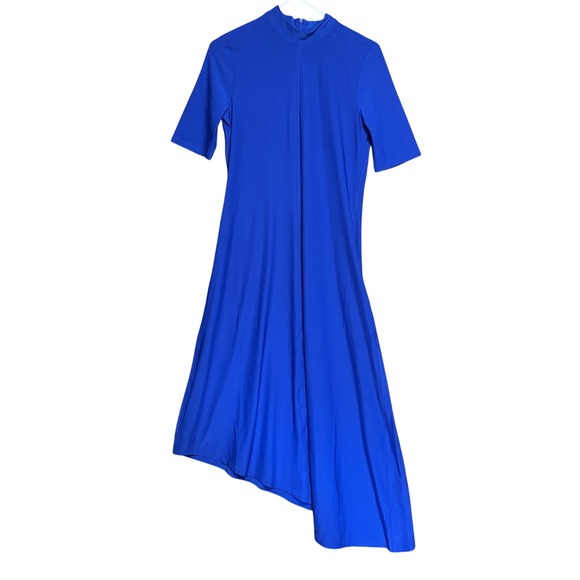 Calvin Klein Dresses & Skirts - Calvin Klein Asymmetric Midi Dress Medium Cobalt Blue Mock Neck Short Sleeve